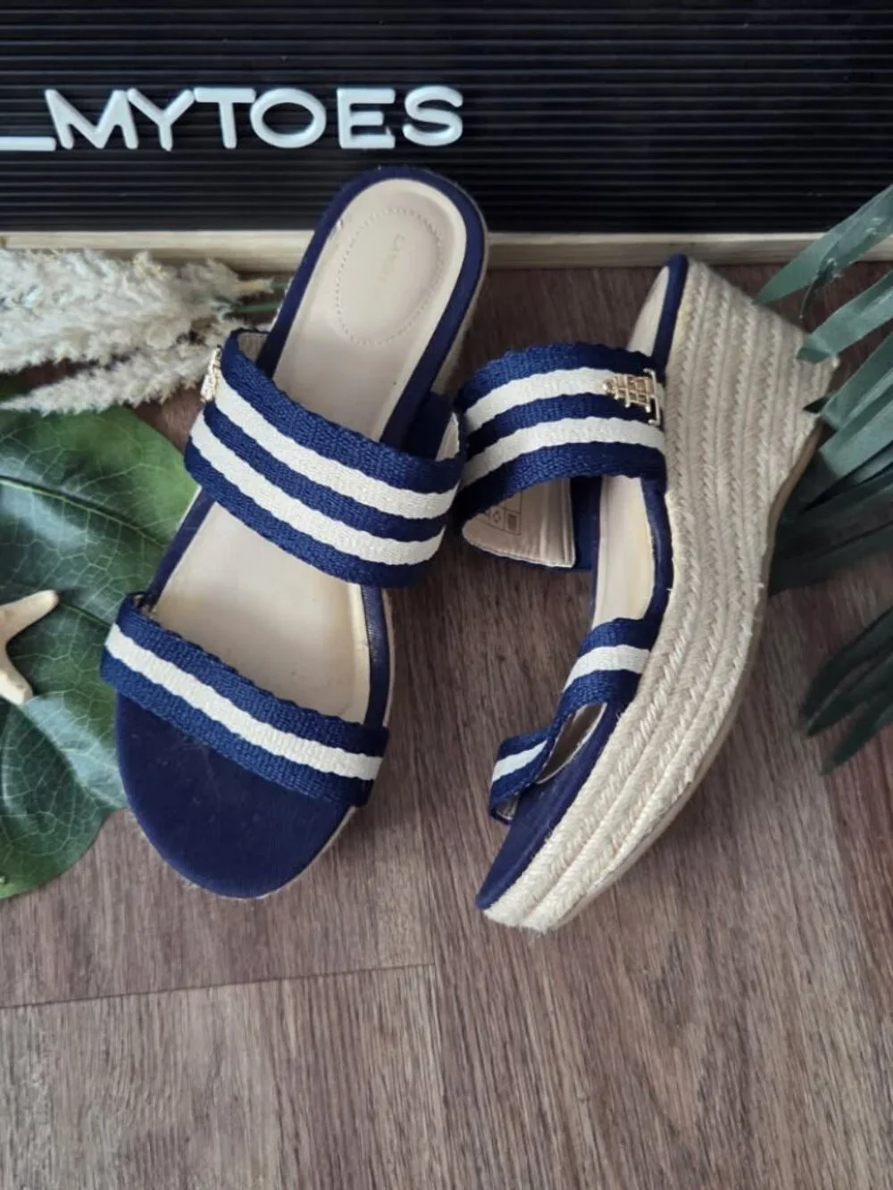 Lands End Navy/White Espadrille Slide Jute 2 Strap Wedge Sandal SZ 8